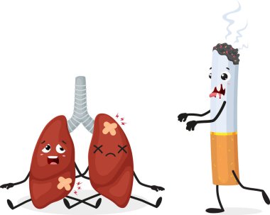 Çizgi film Kötü Sigara ve Ciğerleri 'nin Vektör İllüstrasyonu, beyaz arka planda izole edilmiş bir grup Sevimli karakter.