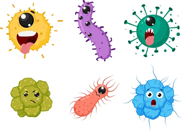 カートゥーン微生物とウイルスのベクトルイラスト キュートキャラクターのセット 白い背景に分離 — ストックベクタ