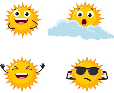 Karikatür Güneşi 'nin Vektör İllüstrasyonu, beyaz arka planda izole edilmiş şirin karakterler kümesi.