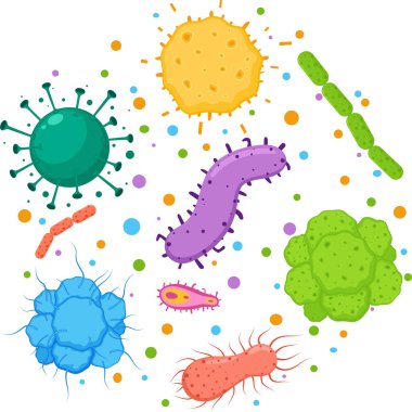 Çizgi film mikropları ve virüslerinin vektör çizimi, beyaz arkaplanda izole edilmiş şirin karakterler.