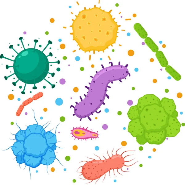 Ilustración Vectorial Microbios Virus Dibujos Animados Conjunto Personajes Lindos Aislados — Archivo Imágenes Vectoriales