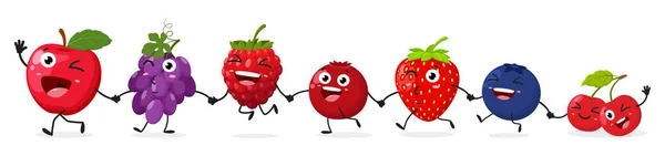 Ilustração Vetorial Desenhos Animados Frutas Bagas Engraçadas Personagens Alimentos — Vetor de Stock