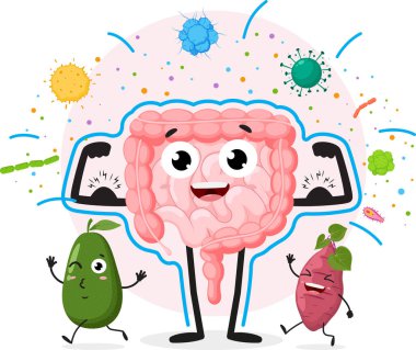 Beyaz arka planda izole edilmiş, dokunulmazlık savunması karakteri olan sağlıklı bağırsakların vektör ilülasyonu