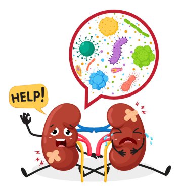 Sağlıksız Böbreğin Vektör İllüstrasyonu beyaz arka planda izole edilmiş çizgi film karakterine ihtiyaç duyar