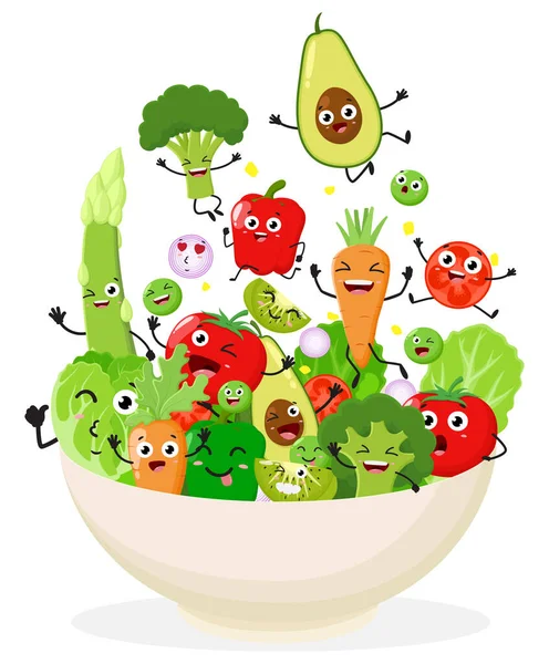 Ilustração Vetorial Desenhos Animados Vegetais Bonitos Tigela Conjunto Personagem Bonito — Vetor de Stock
