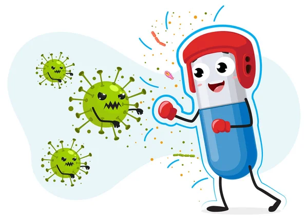 Bakteri Mikroorganizma Virüsüyle Boks Dövüşü Yapan Mutlu Güçlü Hap Koruyucusunun — Stok Vektör