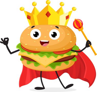 Beyaz arka planda izole edilmiş, taç takan Kral Burger çizgi filminin vektör çizimi