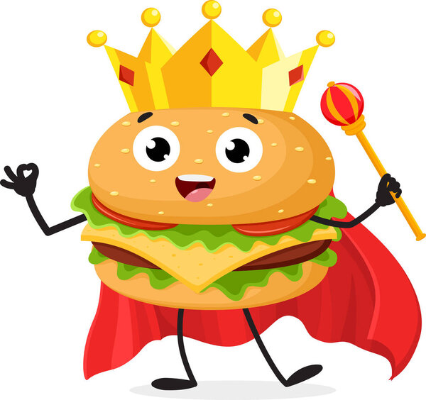 Векторное изображение короля гамбургеров в короне, выделенной на белом фоне