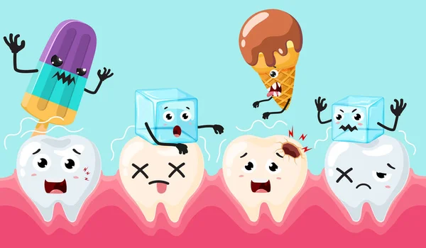 白い背景に隔離されたアイスとアイスクリームで敏感な歯の漫画のベクトルイラスト — ストックベクタ