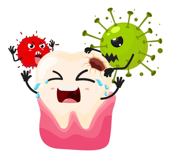 Vector Illustration Dari Kartun Gigi Cavity Dengan Bakteri Yang Buruk - Stok Vektor