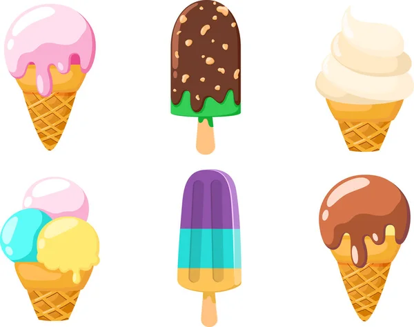 Beyaz arka planda izole edilmiş lezzetli dondurma setinin vektör çizimi