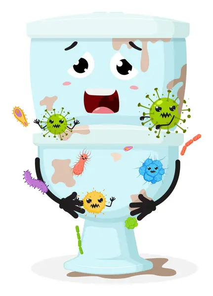白い背景に隔離された怒っている細菌の漫画のキャラクターが付いている汚れたトイレボウルのベクトルイラスト — ストックベクタ