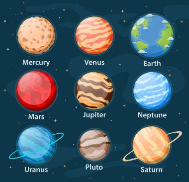Çizgi film güneş sistemi gezegenlerinin vektör illüstrasyonu. Dünya, Mars, Pluto, Venüs, Cıva, Neptün, Uranüs ve Jüpiter gezegeni, galaksi uzayı arka planında izole edilmiş.