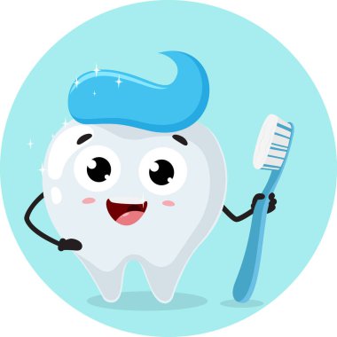 Beyaz arka planda izole edilmiş, diş fırçalı şirin diş karikatürü.