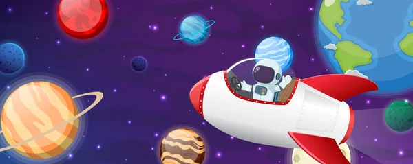 Illustration Vectorielle Astronaute Mignon Volant Avec Une Fusée Dans Espace — Image vectorielle