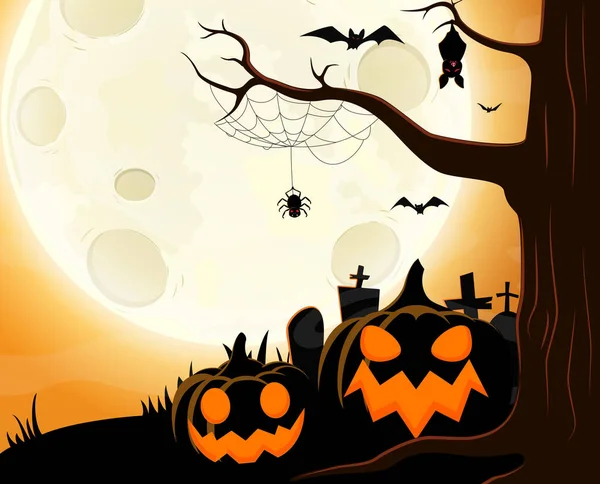 Vector Illustration Happy Halloween Pumpkin Cartoon Moon Background — Stock Vector