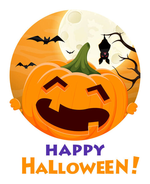 Vector Illustration of Happy Halloween, pumpkin cartoon under the moon background