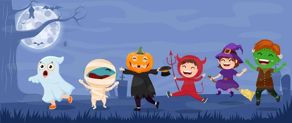 Vector Illustration Von Halloween Kinder Kostüm Karikatur Isoliert Mit Mondschein — Stockvektor