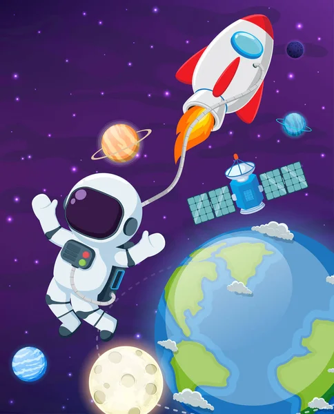 Uzayda Roketle Uçan Astronot 'un Vektör İllüstrasyonu