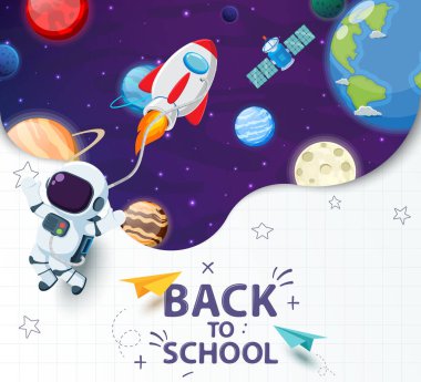 Çizgi film galaksisi, uzay ve astronot ile okula dönüş not defteri afişi