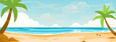 Tropikal manzaranın vektör çizimi. Bulutlu ve hindistan cevizi ağacıyla güzel sahil sahili.