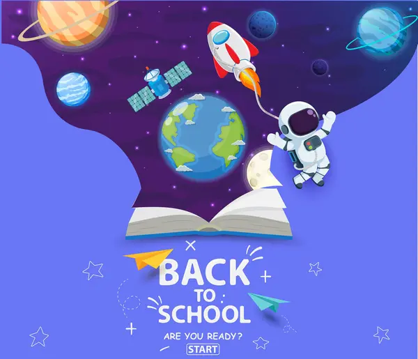 Vector Illustration Back School Notebook Banner Mit Cartoon Galaxie Raum — Stockvektor
