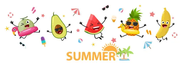 可爱夏季水果卡通人物横幅 鳄梨和番茄酱的矢量图解 — 图库矢量图片