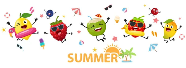 かわいい夏の果物漫画キャラクターバナー レモン ベリー ココナッツ マンゴーのベクトルイラスト — ストックベクタ