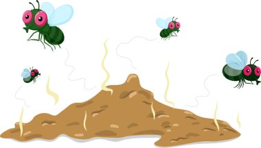 Çizgi film sineklerinin vektör çizimi pis kokulu dışkıdan uçuyor, beyaz arka planda izole edilmiş.