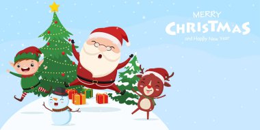 Mutlu Noeller ve Noel Baba, Elf, Kardan Adam ve Geyik çizgi filmiyle yeni yıl tebrik kartı.