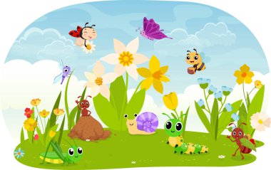 Bahçedeki Karikatür Böcekleri, Salyangoz, Arılar, Uğur Böceği, Çekirge, Yusufçuk, Tırtıl ve Karınca
