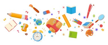 Okul malzemeleri kırtasiye malzemeleri koleksiyonu, okul çantası, kalem, kitaplar, cetvel, çalar saat, kalem ve silgi.