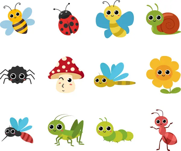 Şirin böceklerin ve böceklerin vektör illüstrasyonu çizgi film karakterleri, yaban arısı, uğur böceği, karınca, tırtıl, salyangoz, örümcek, arı, yusufçuk, çekirge, sivrisinek, kelebek
