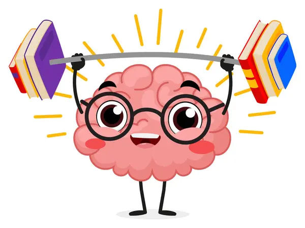 Happy 'nin vektör illüstrasyonu güçlü beyin karikatürü, halterleri kaldırmak
