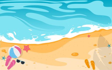 Plaj, sörf tahtası ve şemsiyeli Tropik yaz arkaplanının vektör çizimi