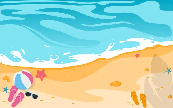 Plaj, sörf tahtası ve şemsiyeli Tropik yaz arkaplanının vektör çizimi