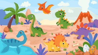 Beyaz arka planda izole edilmiş şirin dinozor çizgi filminin vektör çizimi