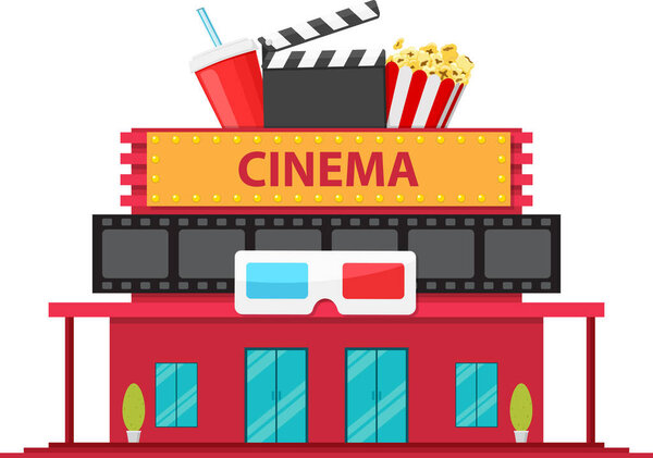 Векторная планировка здания кинотеатра в плоском стиле, изолированная на белом фоне