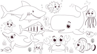 Siyah ve beyaz sualtı hayvanlarının vektör illüstrasyonu çizgi film boyama sayfaları