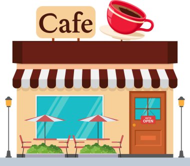 Açık tabela, sandalye ve ağaç, düz tasarım konseptiyle Cafe Building Exterior Illustration