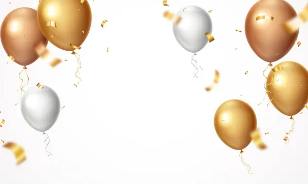 Altın Kutlama Balonları, konfeti ve kurdele arkaplanının Vektör İllüstrasyonu