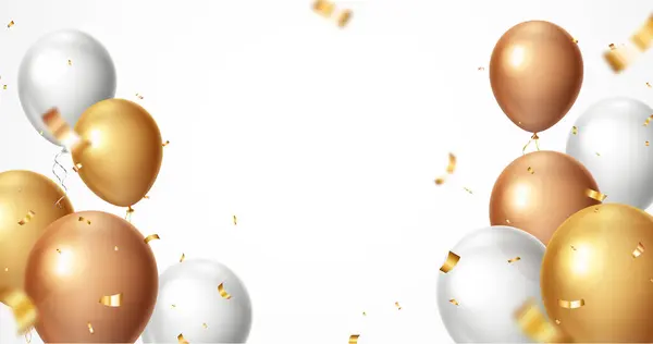 Altın Kutlama Balonları, konfeti ve kurdele arkaplanının Vektör İllüstrasyonu