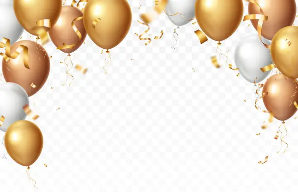 Altın Kutlama Balonları, konfeti ve kurdele arkaplanının Vektör İllüstrasyonu