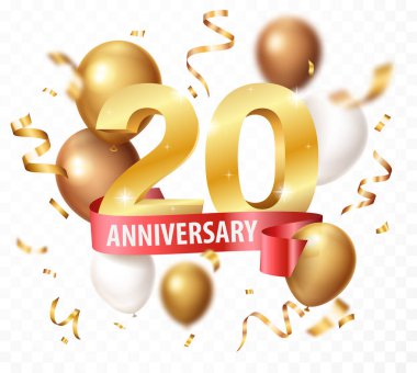 Yıldönümü kutlamalarının vektör illüstrasyonu, ödül konfeti ve kurdeleli 3D altın rakamlar