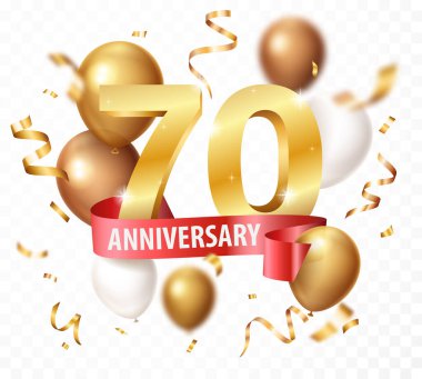 Yıldönümü kutlamalarının vektör illüstrasyonu, ödül konfeti ve kurdeleli 3D altın rakamlar