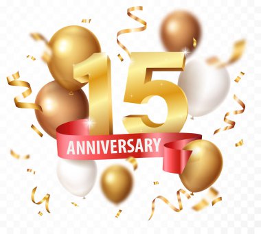 Yıldönümü kutlamalarının vektör illüstrasyonu, ödül konfeti ve kurdeleli 3D altın rakamlar