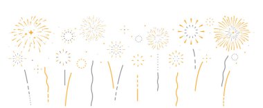 Yıldızlar ve kıvılcımlarla patlayan havai fişeklerin Vektör İllüstrasyonu, festival altın havai fişekleri. bayram afişi, poster, el ilanı, tebrik kartı ve dekoratif öğeler