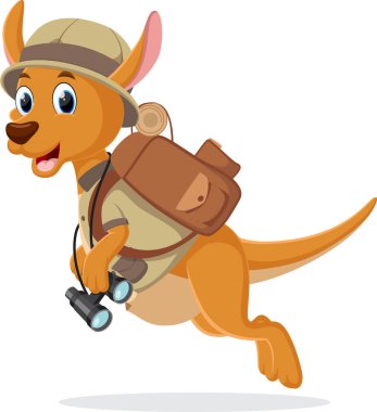 Safari kaşifi kıyafetleri giyen şirin kangurunun vektör illüstrasyonu çizgi film karakteri