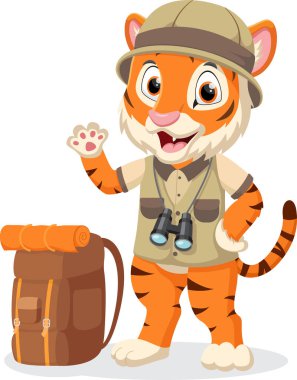 Safari kaşifi kıyafeti giyen şirin kaplanın vektör çizimi. Çizgi film karakteri.