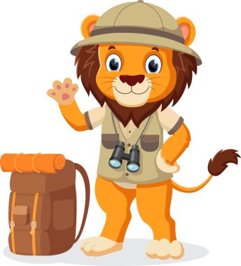 Safari kaşifi kıyafetleri giyen şirin aslan yavrusunun vektör çizimi.